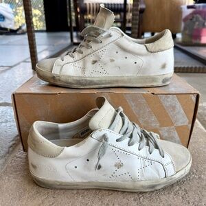 Golden Goose Superstar White Leather/Beige Perforated Star Sneakers EU37